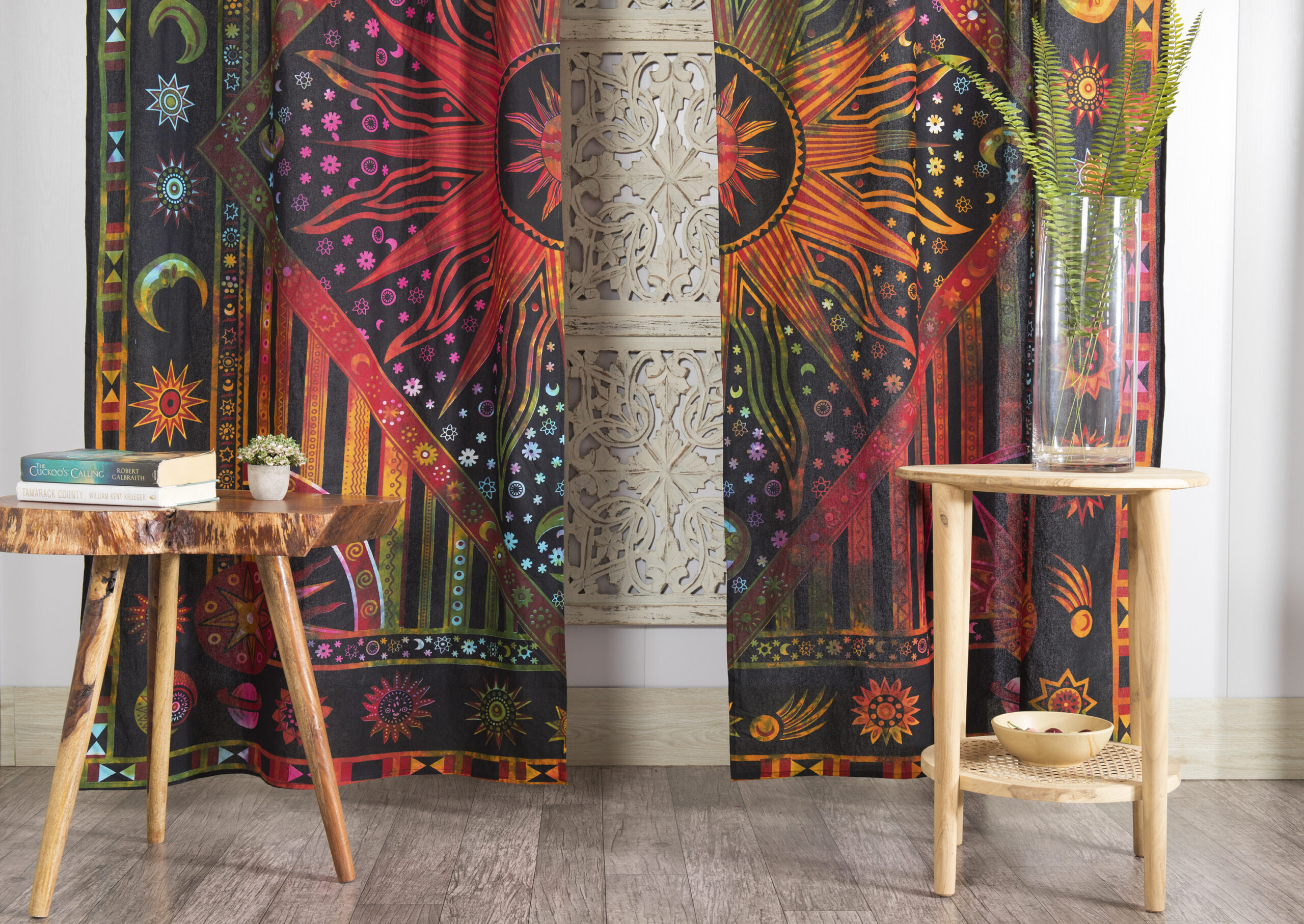 Indian Burning Sun curtain hanging view
