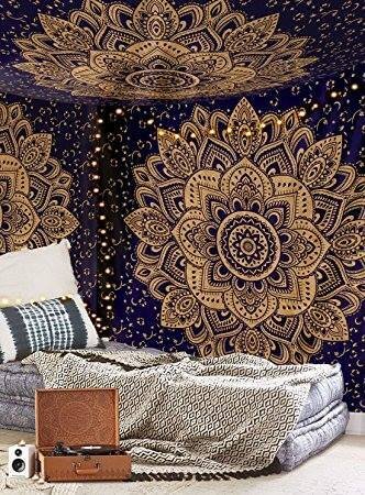 Navy Blue and Gold Double Color Ombre Boho Mandala Tapestry product image