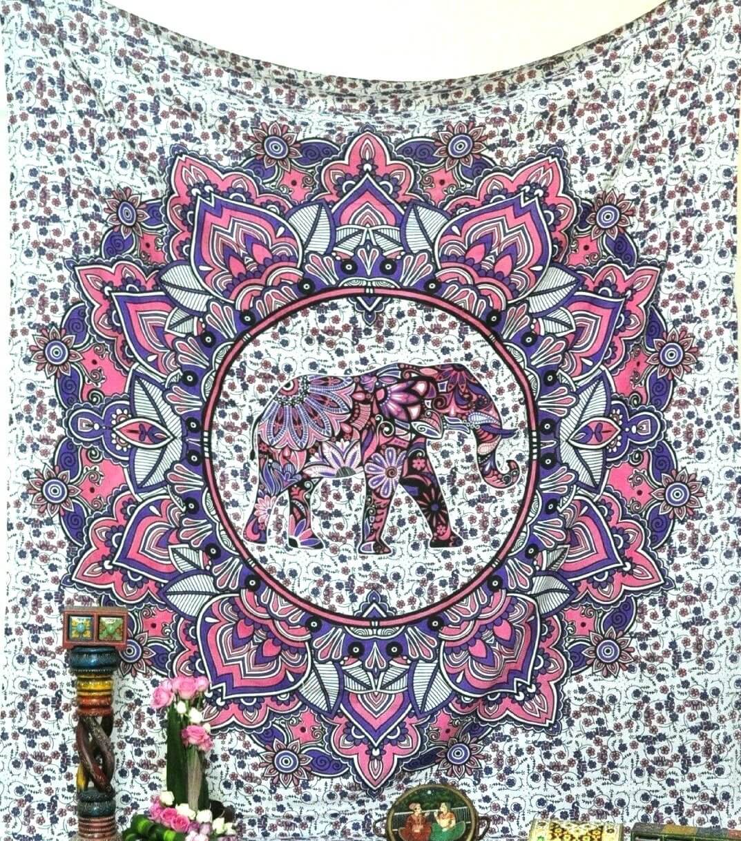 Pink and Purple Elephant Mandala Tapestry Bohemian Bed Cover